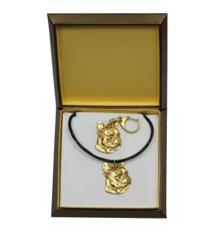 Französische Bulldogge I - Schlüsselanhänger und Halskette mit Hund in einer Box, vergoldetes Produkt von hoher Qualität, Marke Art-Dog