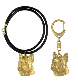 Bouledogue français II - porte-clés et collier avec chien dans une boîte, produit plaqué or de haute qualité, marque Art-Dog