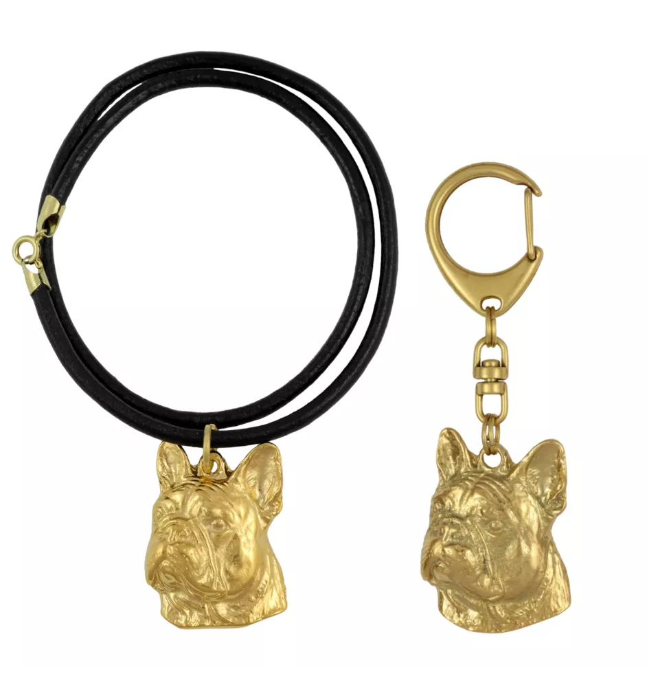French Bulldog, Frenchie II - keychain and necklace with a dog in a box, high-quality gold-plated product, Art-Dog brand