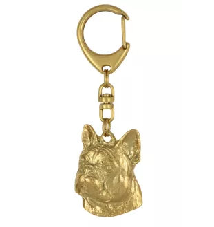 Bouledogue français II - porte-clés et collier avec chien dans une boîte, produit plaqué or de haute qualité, marque Art-Dog