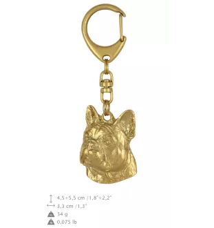 Bouledogue français II - porte-clés et collier avec chien dans une boîte, produit plaqué or de haute qualité, marque Art-Dog