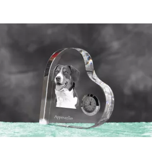 Appenzell Cattle Dog, Appenzeller Sennenhund - crystal clock with a dog picture, heart-shaped shelf clock, personalized standing clock by Art-Dog brand