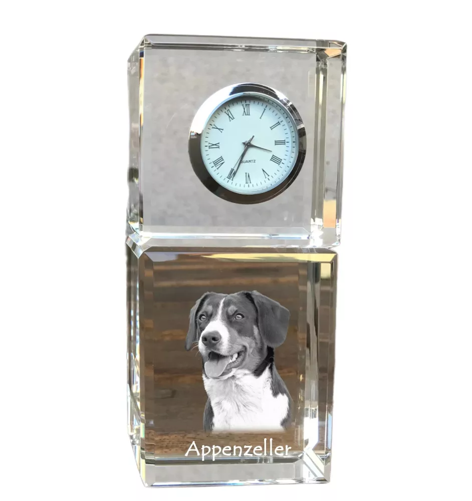 Bouvier Appenzellois, Bouvier de l'Appenzell - montre en cristal avec photo, photo de chien dans un cristal, horloge de bureau personnalisée de la marque Art-Dog