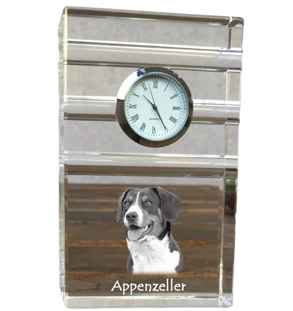 Bouvier Appenzellois, Bouvier de l'Appenzell - une horloge en verre avec une photo, une photo de chien dans un cristal, une horloge de bureau personnalisée de la marque Art-Dog