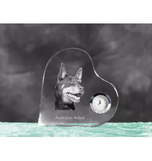 Australian Kelpie, Barb, Farmer Dog - crystal clock with a dog picture, heart-shaped shelf clock, personalized standing clock by Art-Dog brand
