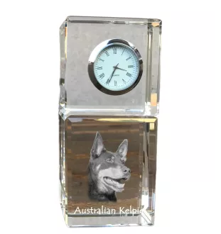Kelpie Australien, Australian Kelpie - montre en cristal avec photo, photo de chien dans un cristal, horloge de bureau personnalisée de la marque Art-Dog