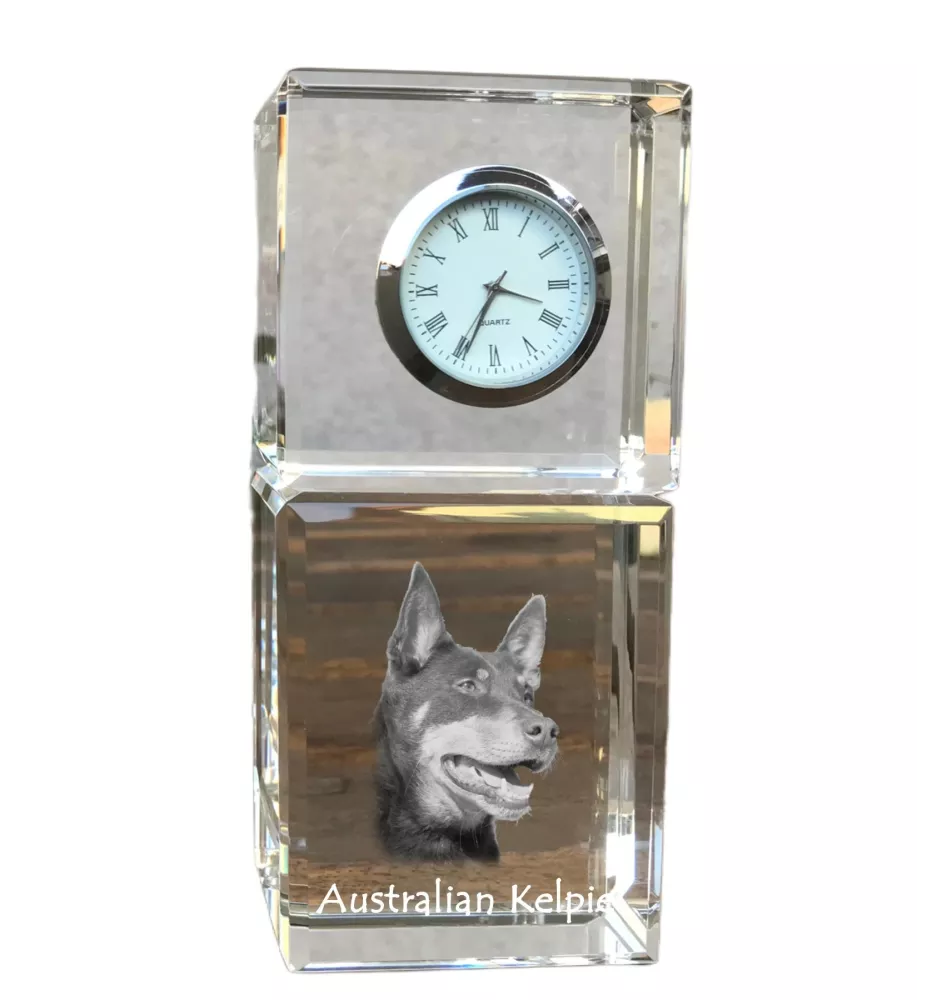 Australian Kelpie, Australischer Schäferhund, Barb - Kristalluhr mit Foto, Hundebild im Kristall, personalisierte Schreibtischuhr von Art-Dog.