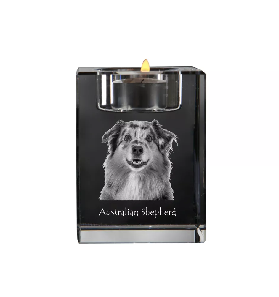 Australischer Schaferhund, Australian Shepherd - Kerzenhalter mit Hundefoto, Teelichthalter aus Kristall, personalisiertes Geschenk der Marke Art-Dog