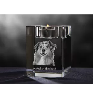 Australischer Schaferhund, Australian Shepherd - Kerzenhalter mit Hundefoto, Teelichthalter aus Kristall, personalisiertes Geschenk der Marke Art-Dog