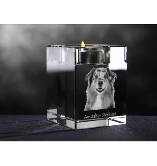 Australischer Schaferhund, Australian Shepherd - Kerzenhalter mit Hundefoto, Teelichthalter aus Kristall, personalisiertes Geschenk der Marke Art-Dog