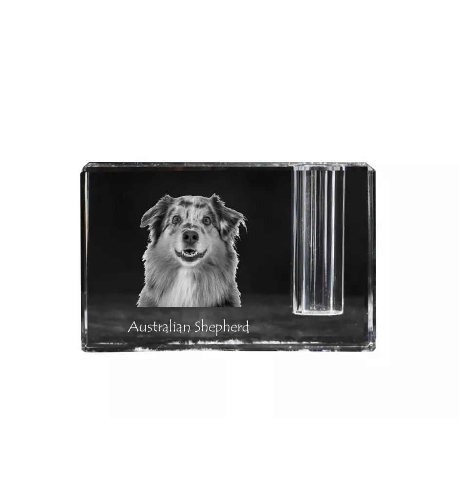 Australian Shepherd - Pen stand, crystal organiser with dog photo, unique desk decoration by Art-Dog brand