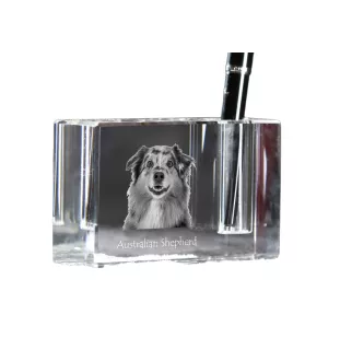 Australischer Schaferhund, Australian Shepherd - Stifthalter, Kristallorganizer mit Hundefoto, einzigartige Schreibtischdekoration der Marke Art-Dog