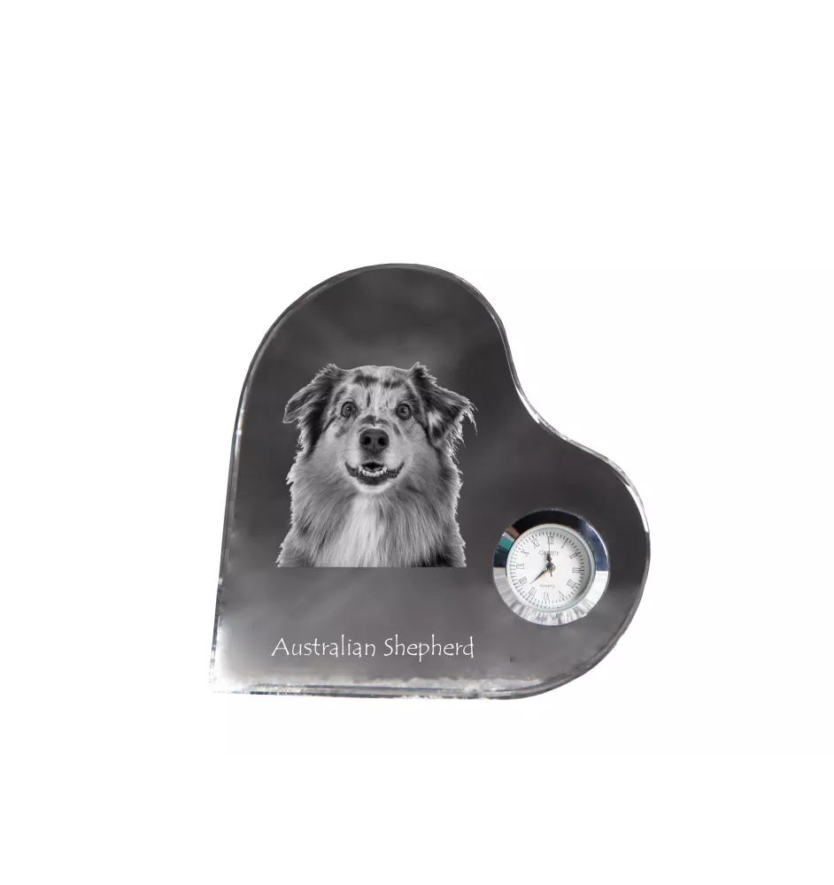 Berger Australien - horloge en cristal avec une photo de chien, horloge de table en forme de cœur, horloge debout personnalisée de la marque Art-Dog