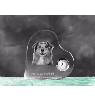 Australischer Schaferhund, Australian Shepherd - Kristalluhr mit einem Hundebild, Herzregal-Uhr, personalisierte Standuhr der Marke Art-Dog