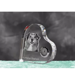 Australischer Schaferhund, Australian Shepherd - Kristalluhr mit einem Hundebild, Herzregal-Uhr, personalisierte Standuhr der Marke Art-Dog