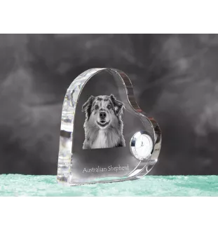 Australischer Schaferhund, Australian Shepherd - Kristalluhr mit einem Hundebild, Herzregal-Uhr, personalisierte Standuhr der Marke Art-Dog