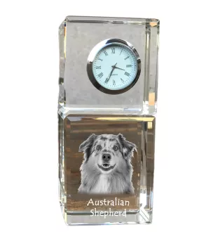 Australischer Schaferhund, Australian Shepherd - Kristalluhr mit Foto, Hundebild im Kristall, personalisierte Schreibtischuhr von Art-Dog.