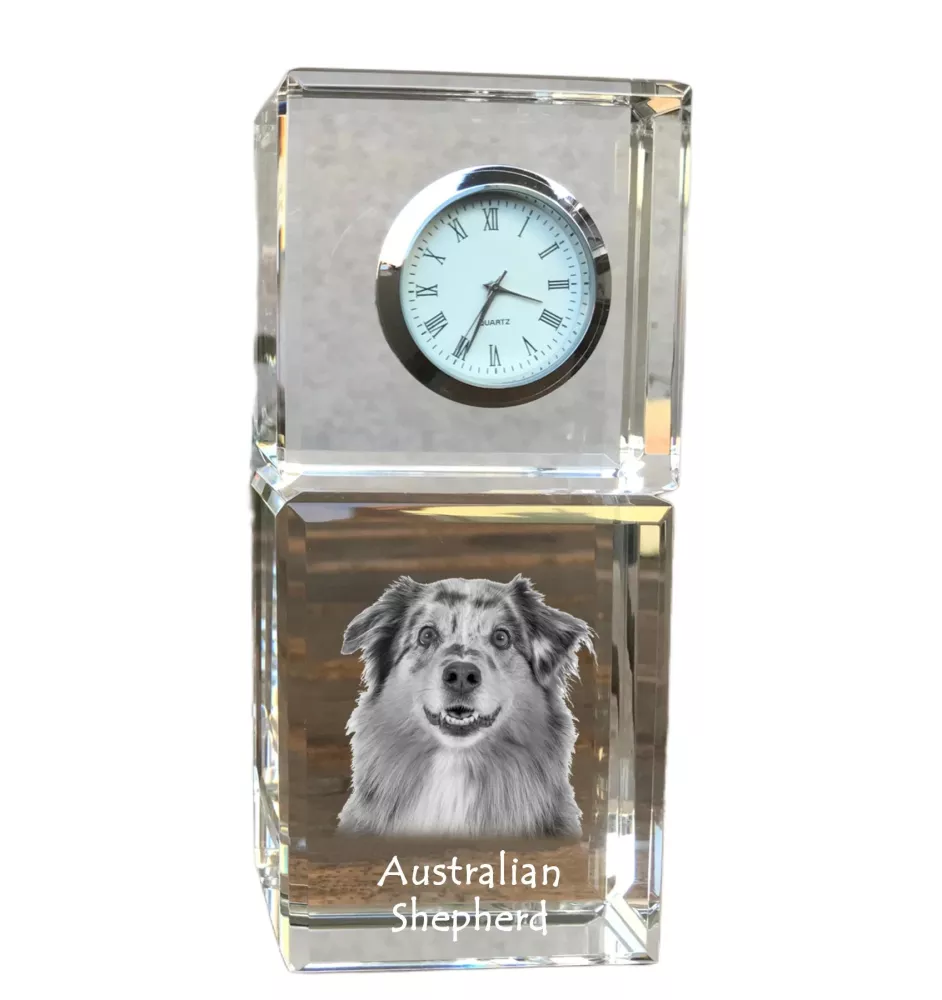 Australischer Schaferhund, Australian Shepherd - Kristalluhr mit Foto, Hundebild im Kristall, personalisierte Schreibtischuhr von Art-Dog.