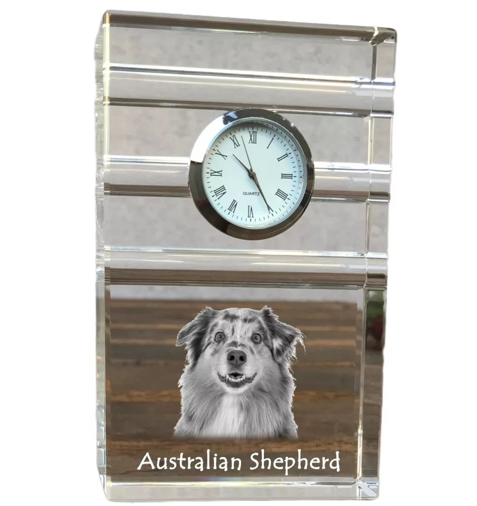 Berger Australien - une horloge en verre avec une photo, une photo de chien dans un cristal, une horloge de bureau personnalisée de la marque Art-Dog