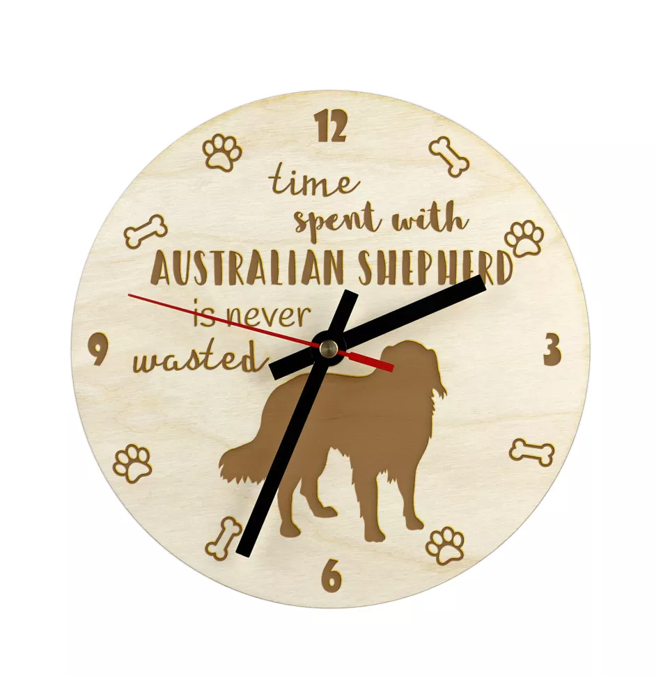 Berger Australien - horloge avec chien, horloge en bois, horloge murale pour les amoureux des chiens, horloge de bureau et étagère, Art-Dog