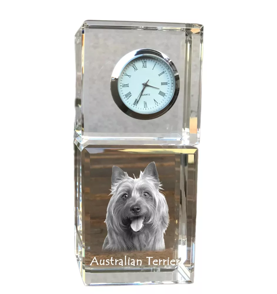 Australian Terrier - Kristalluhr mit Foto, Hundebild im Kristall, personalisierte Schreibtischuhr von Art-Dog.