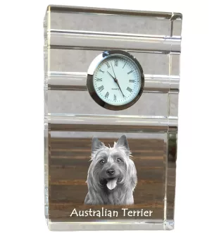 Terrier australien - une horloge en verre avec une photo, une photo de chien dans un cristal, une horloge de bureau personnalisée de la marque Art-Dog