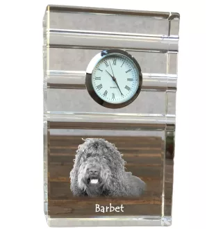 Barbet, French Water Dog - glass clock with a photo, photo of a dog in crystal, personalized standing office clock by Art-Dog brand