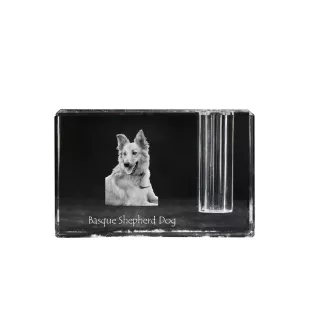 Baskischer Schäferhund, Pastor Vasco - Stifthalter, Kristallorganizer mit Hundefoto, einzigartige Schreibtischdekoration der Marke Art-Dog