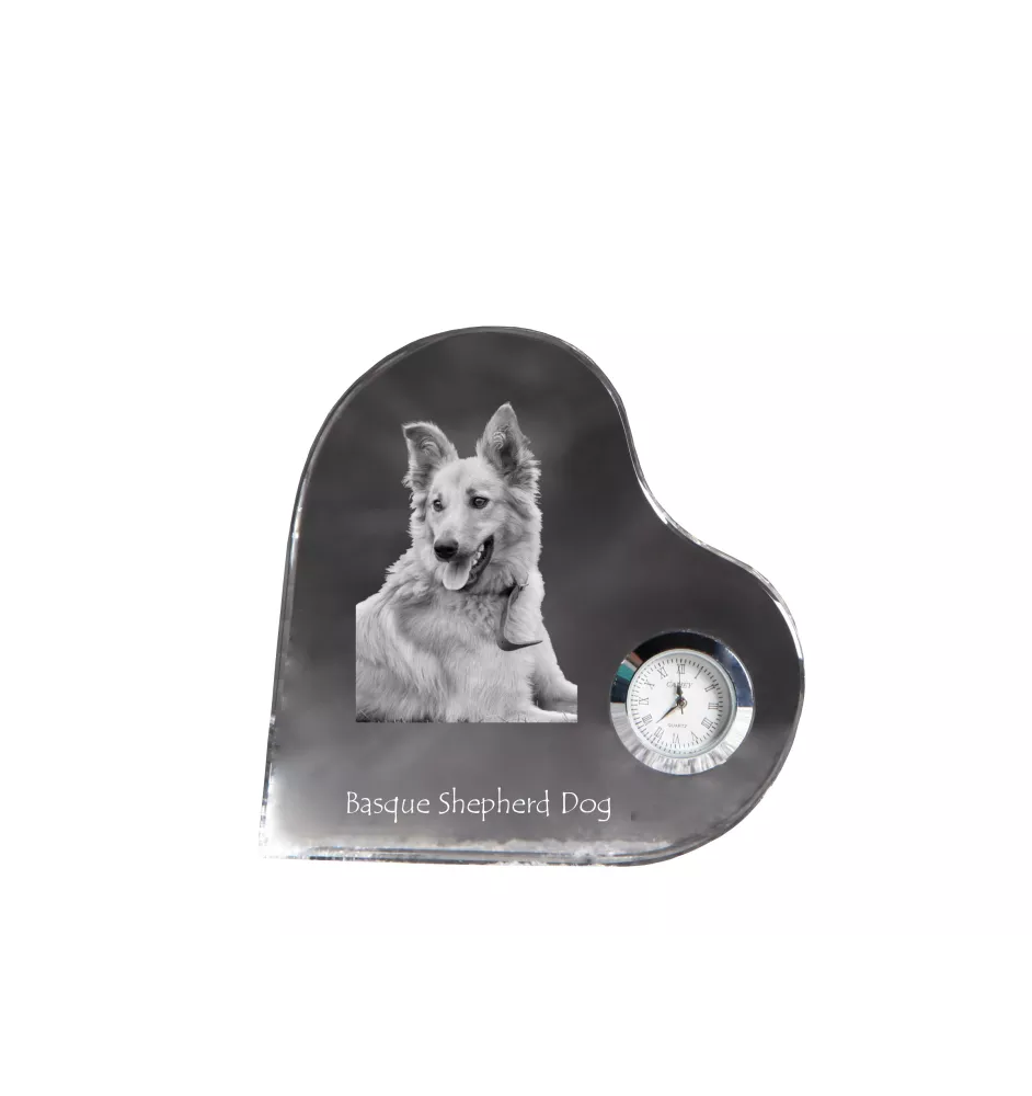 Basque Shepherd Dog, Basque Sheepdog - crystal clock with a dog picture, heart-shaped shelf clock, personalized standing clock by Art-Dog brand