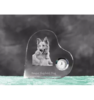 Baskischer Schäferhund, Pastor Vasco - Kristalluhr mit einem Hundebild, Herzregal-Uhr, personalisierte Standuhr der Marke Art-Dog