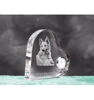 Baskischer Schäferhund, Pastor Vasco - Kristalluhr mit einem Hundebild, Herzregal-Uhr, personalisierte Standuhr der Marke Art-Dog