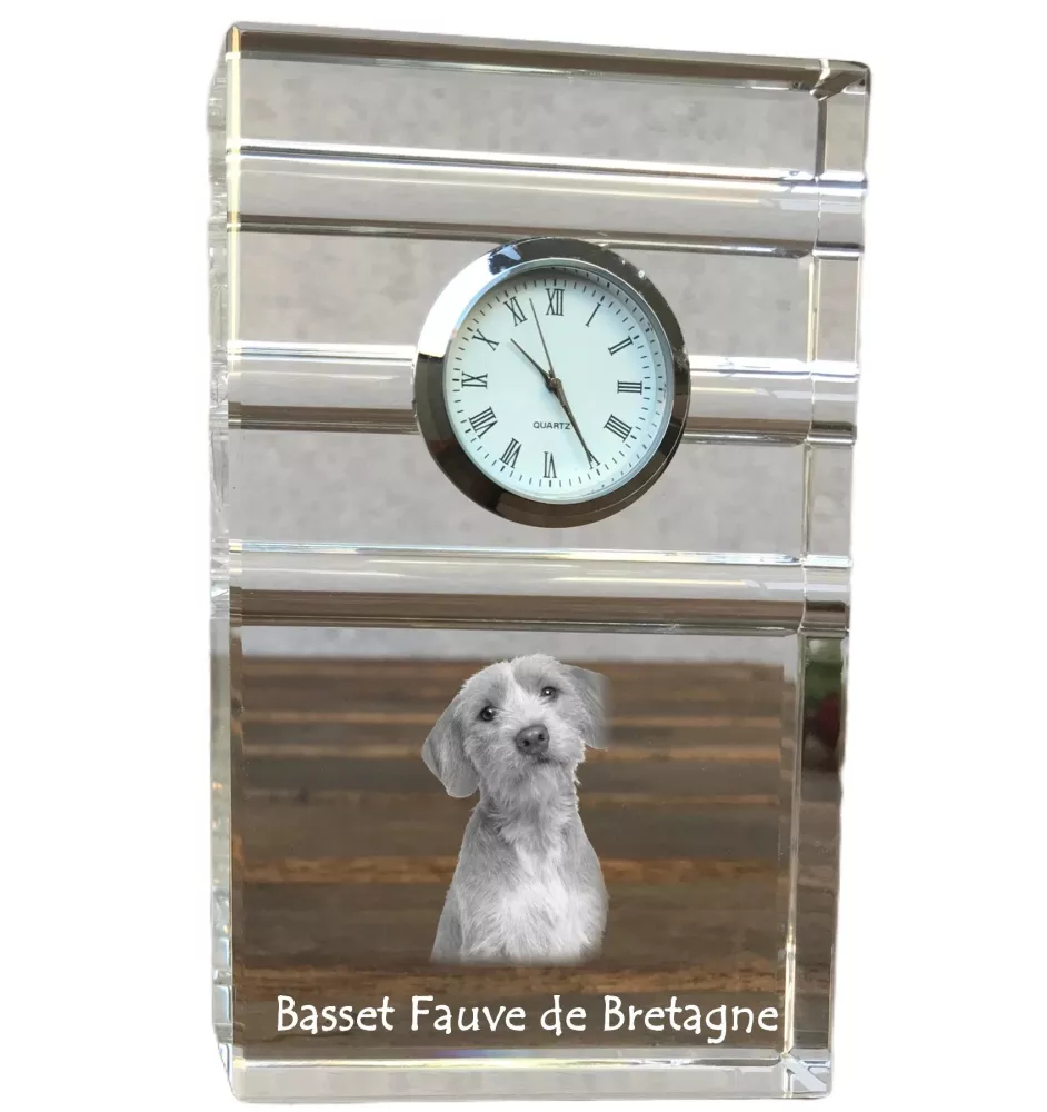 Basset Fauve de Bretagne - Glasuhr mit Foto, Foto eines Hundes im Kristall, personalisierte Tischuhr für das Büro der Marke Art-Dog