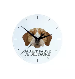 Basset Fauve de Bretagne, Fawn Brittany Basset - geometric wall clock with a picture and the brand name Art-Dog