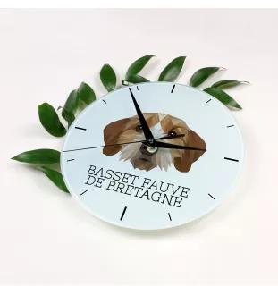 Basset Fauve de Bretagne, Fawn Brittany Basset - geometric wall clock with a picture and the brand name Art-Dog