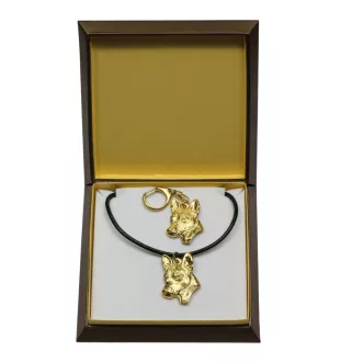 Basenji, Terrier Nyam-Nyam, Terrier du Congo - porte-clés et collier avec chien dans une boîte, produit plaqué or de haute qualité, marque Art-Dog