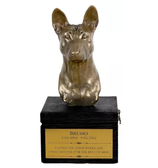 Basenji, Kongo-Terrier - eine Urne mit Gravur und Hundeskulptur, letzter Abschied, handgefertigtes Produkt der Marke Art-Dog