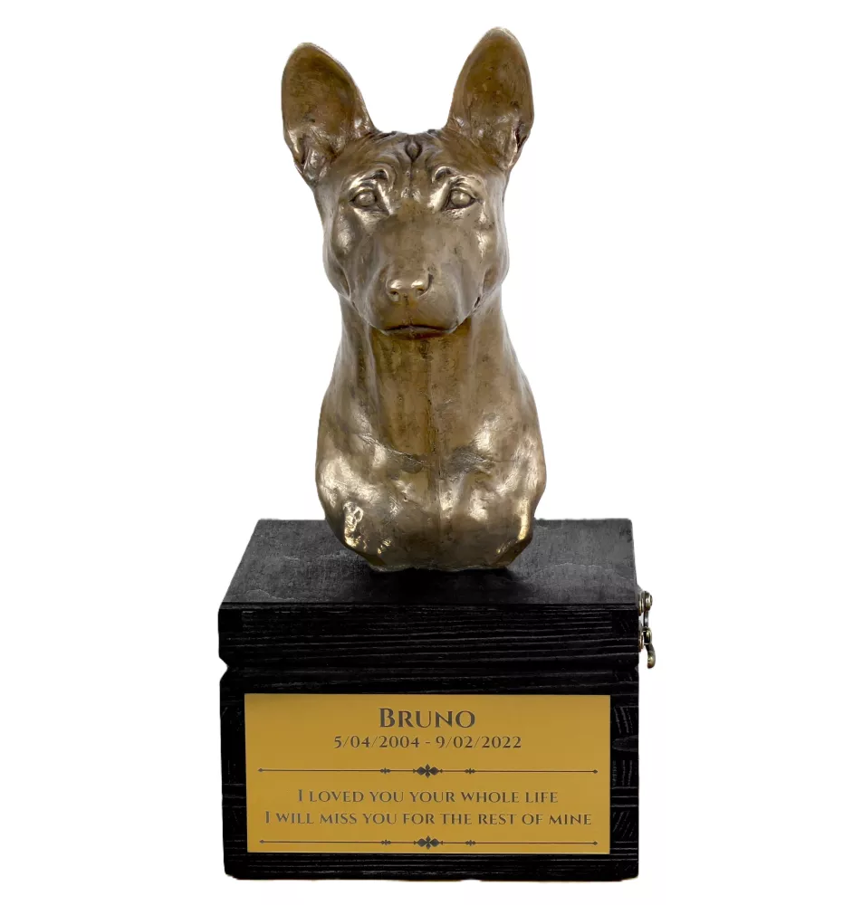 Basenji, Kongo-Terrier - eine Urne mit Gravur und Hundeskulptur, letzter Abschied, handgefertigtes Produkt der Marke Art-Dog