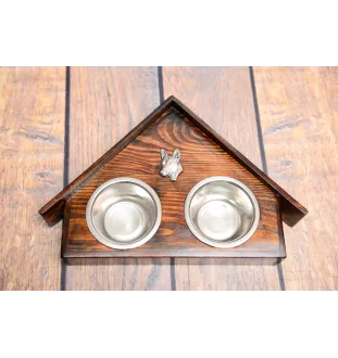 Basenji, African bush dog, Congo dog - wooden stand with bowls for a dog, decorative dog bowls, a gift for adopting a dog from the Art-Dog brand