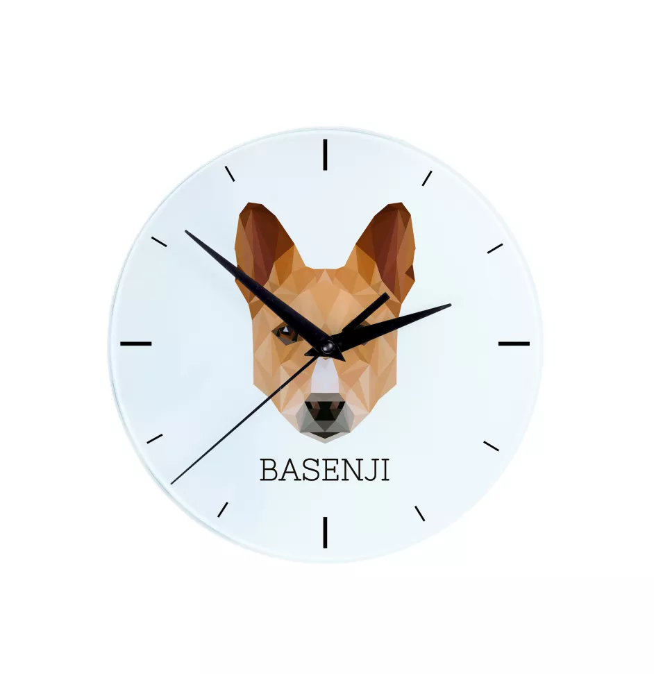 Basenji, Kongo-Terrier - geometrische Wanduhr mit Bild und Aufschrift der Marke Art-Dog