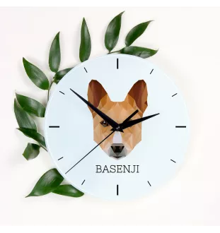 Basenji, Kongo-Terrier - geometrische Wanduhr mit Bild und Aufschrift der Marke Art-Dog