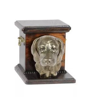 Bayerischer Gebirgsschweisshund - Eine Urne für die Asche eines Hundes mit einer Statuette, eine elegante Urne für einen Hund, eine außergewöhnliche Urne mit dem Porträt eines Hundes von der Marke Art