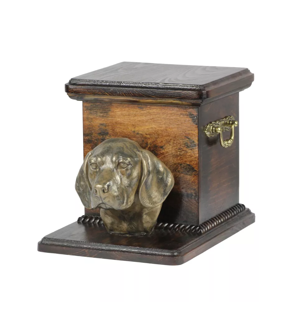 Beagle - Eine Urne für die Asche eines Hundes mit einer Statuette, eine elegante Urne für einen Hund, eine außergewöhnliche Urne mit dem Porträt eines Hundes von der Marke Art-Dog.