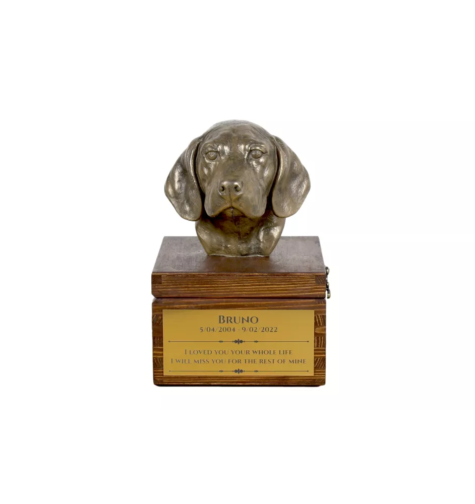 Beagle - Eine Ascheurne für Hunde mit einer Statuette, eine kleine Urne für Hunde, eine personalisierte Urne mit dem Porträt eines Hundes von der Marke Art-Dog.