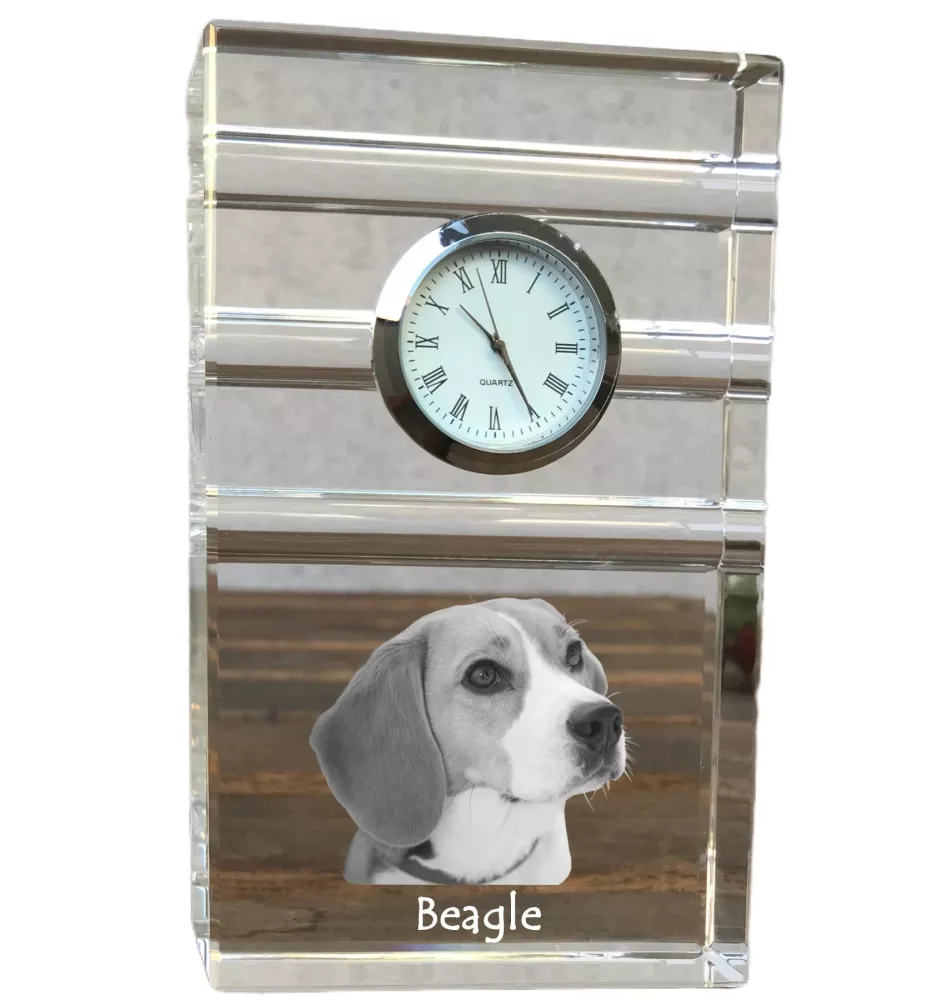 Beagle - Glasuhr mit Foto, Foto eines Hundes im Kristall, personalisierte Tischuhr für das Büro der Marke Art-Dog