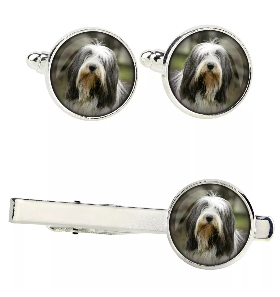 Bearded Collie, Highland Collie, Mountain Collie - cufflinks and tie with your photo, a suit decoration, men's jewelry from the Art-Dog brand.