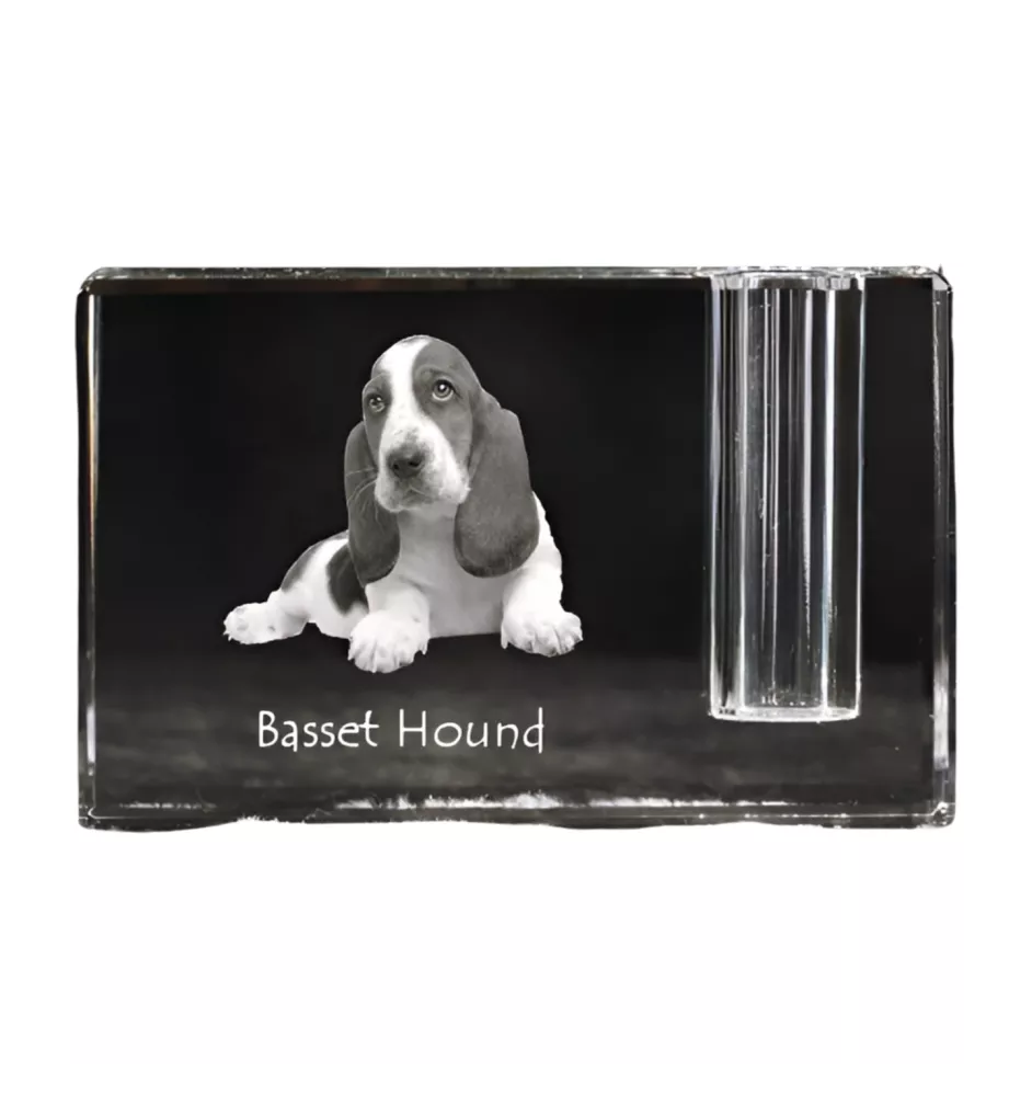Basset Hound - Pen stand, crystal organiser with dog photo, unique desk decoration by Art-Dog brand