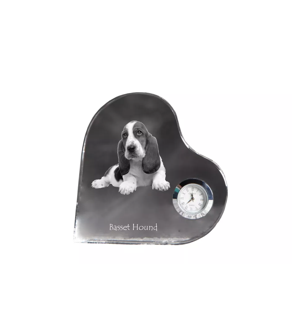Basset Hound - horloge en cristal avec une photo de chien, horloge de table en forme de cœur, horloge debout personnalisée de la marque Art-Dog