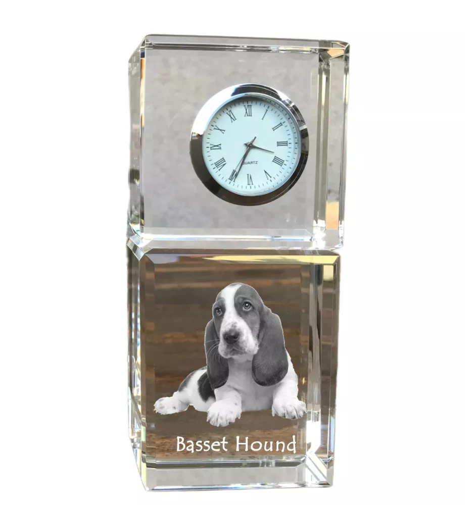 Basset Hound - montre en cristal avec photo, photo de chien dans un cristal, horloge de bureau personnalisée de la marque Art-Dog
