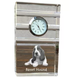 Basset Hound - glass clock with a photo, photo of a dog in crystal, personalized standing office clock by Art-Dog brand