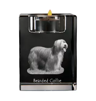 Bearded Collie, Highland Collie, Mountain Collie - Candle holder with dog photo, crystal tealight holder, personalised gift by Art-Dog brand